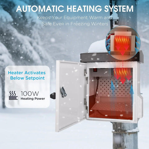 Outdoor Electrical Enclosure With Thermostat 100W Heater And 12W Fan IP65 Waterproof Galvanized Steel Cabinet For Telecom Power And Battery Systems Temperature Control From 32 To 140 Degrees Fahrenheit 15.9 By 13.4 By 9.6 Inches showing an automatic heating system in snowfall