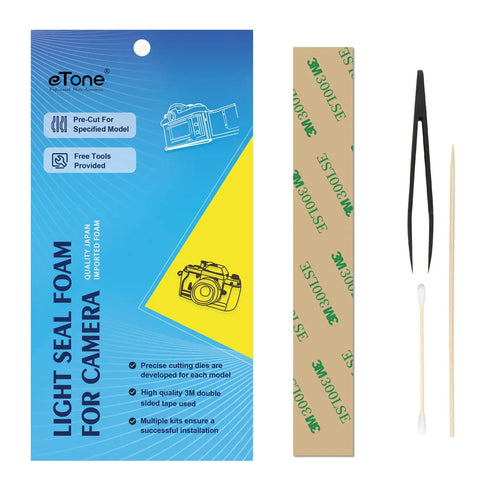 Pre-Cut Light Seal Foam Replacement Kit For Nikon F2 F2A F2AS Film Camera with tools on packaging, showcasing high-quality adhesive foam.