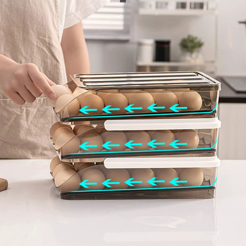 Person using 36 Grid Capacity Automatic Rolling Egg Holder For Refrigerator Two Layer Stackable Egg Tray Organizer in kitchen