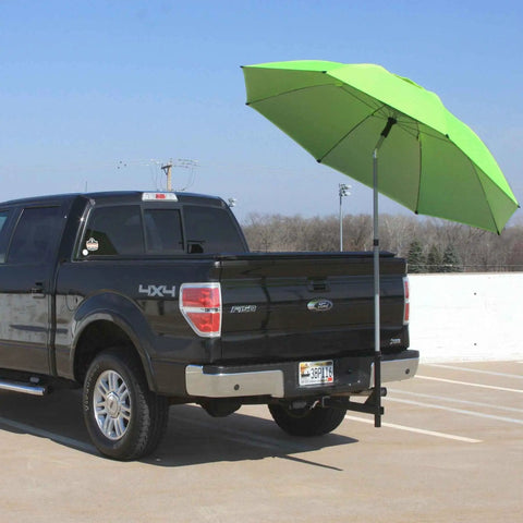 Black truck with Trailer Hitch Umbrella Mount For Easy Tailgate Shade On The Go No Fuss Quick Install With Slide In Square Receiver