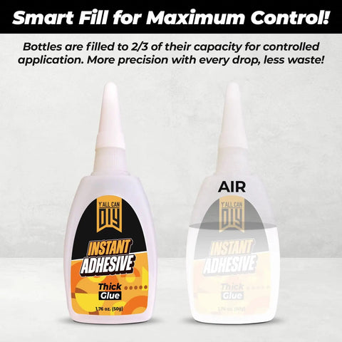 Ultra Strong Instant Glue With Activator Set Pro Grade Two 1.76 Oz glue bottle showing 2/3 fill for control.