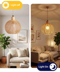 ZEORIVAX Rattan Pendant Light Fixture Bohemian Chandelier Large Semicircle in living room with light off and on.