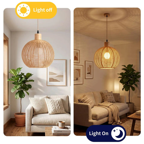 ZEORIVAX Rattan Pendant Light Fixture Bohemian Chandelier Large Semicircle in living room with light off and on.