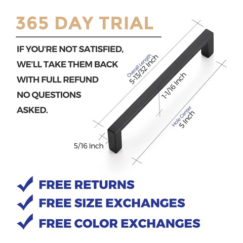 30 Pack Matte Black Cabinet Pulls With Five Inch Center To Center Holes Slim Square Kitchen Handles with 365 day trial offer