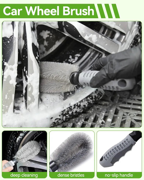 Car wheel brush with dense bristles and no-slip handle cleaning a sudsy car wheel.