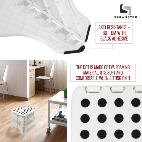 Ultra Sturdy Folding Step Stool 11 Inch Open In A Snap, Supports Up To 300 Lb, White with Black Non-Slip Top and Feet Detail