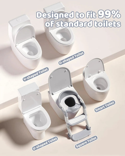 Adjustable Toddler Potty Training Seat and Foldable Toilet Trainer with Splash Guard Non Slip Steps Heavy Duty Premium Soft Removable Cushion No Mess Must Have