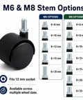 M6 & M8 Stem Options for Four Pack Threaded Stem Caster Wheels With 360 Degree Swivel Twin Rollers And No Brakes Nylon Replacement Casters