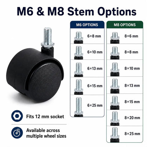 M6 & M8 Stem Options for Four Pack Threaded Stem Caster Wheels With 360 Degree Swivel Twin Rollers And No Brakes Nylon Replacement Casters