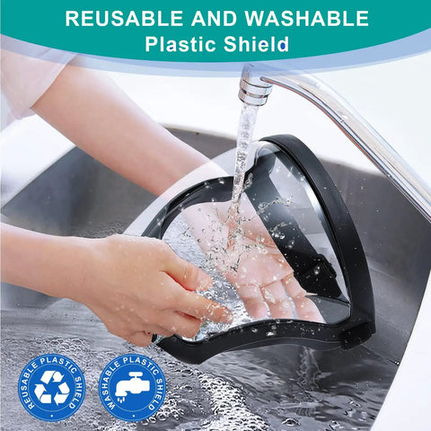 Washing Total Face Shield for Adults, Men, and Women 2 Pack under running water in a sink, demonstrating reusability and durability.