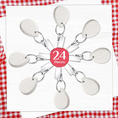24 Piece Teardrop Tablecloth Weights With Marble Pendant Stones And Metal Clips For Outdoors on checkered cloth
