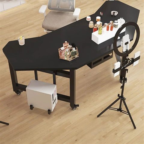 Top Tier Gaming Workspace And Home Office Computer Desk With A Spacious White Desktop Pc Table Clean Minimalist Look And Sturdy Construction That Simply Hits Different For Every Casual Hustle Or Pro Setup Session, showcasing a modern black surface with decorative items.