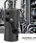 Universal Joint Shaft Coupling Rock Solid 0.5 Inch Inner Diameter 0.9 Inch Outer Diameter 2.2 Inch Length 360 Degree Rotatable Metal U Joint Coupler against industrial backdrop.