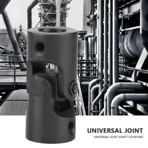 Universal Joint Shaft Coupling Rock Solid 0.5 Inch Inner Diameter 0.9 Inch Outer Diameter 2.2 Inch Length 360 Degree Rotatable Metal U Joint Coupler against industrial backdrop.