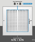 Sweet 8 By 8 Inch Two Way Vertical Air Supply Grille Flat Face White with dimensions and purchase size info.