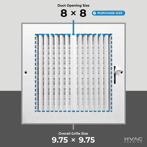 Sweet 8 By 8 Inch Two Way Vertical Air Supply Grille Flat Face White with dimensions and purchase size info.
