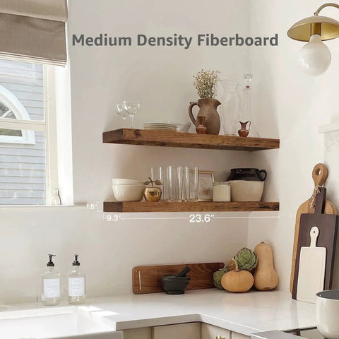 Floating Wall Shelves Set Of 2 In Rustic Brown Farmhouse Style 23.6 Inch Long MDF Shelves Above Kitchen Counter