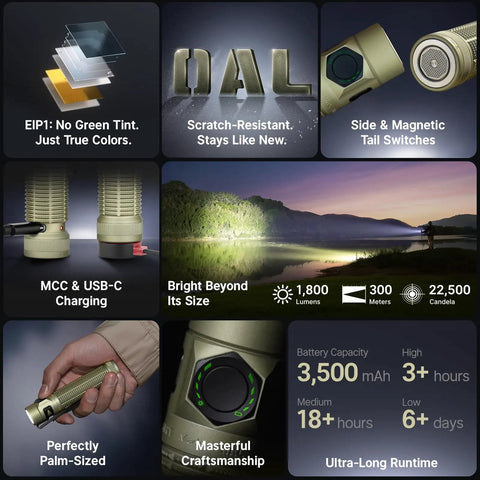 Tiny But Mighty Pocket Light Baton Ultra EDC Flashlight 1800 Lumen Rechargeable with USB C in olive green, charging view.
