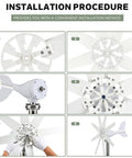 Beefy 12000W Wind Turbine Generator installation steps shown in six images with assembly details.