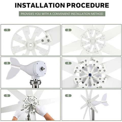 Beefy 12000W Wind Turbine Generator installation steps shown in six images with assembly details.