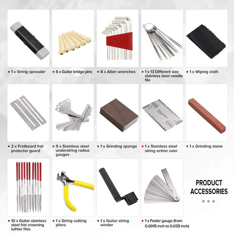 Gig Ready Pro Grade All In One Guitar Repair Tool Kit 45 Pcs Set With various tool accessories displayed with descriptions