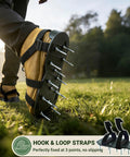 Heavy Duty Lawn Aerator Shoes With Dual Straps For Stable No Slip Aeration On Grass And Yards, worn on foot in garden