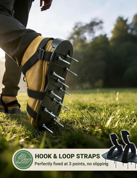 Heavy Duty Lawn Aerator Shoes With Dual Straps For Stable No Slip Aeration On Grass And Yards, worn on foot in garden