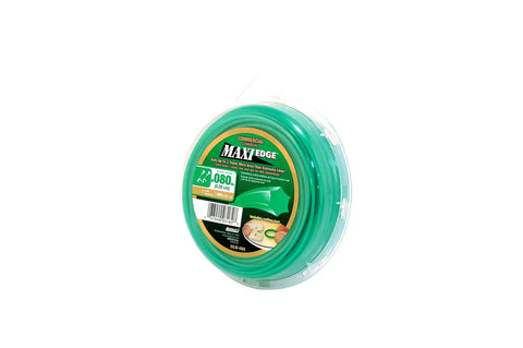 Front view of Maxi Edge 0.08 Inch 140 Foot Commercial Grade Trimmer Line with packaging, includes cutting tool and 7 refills.