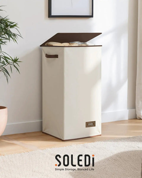 Big Ol 100L Large Laundry Basket With Removable Bag And Lid in off white, shown open, in bedroom corner next to plant.