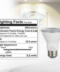 Lighting facts next to Six Pack LED PAR20 Flood Lights 5.5W 120V Dimmable Wet Location 3000K Warm White 40 Degree Flood With E26 Medium Base Replaces 50W Halogen Energy Efficient