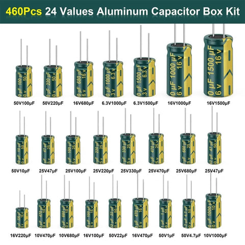 Must Have 460 Piece Capacitor Assortment Kit With 24 Values, 1uF To 1500uF, 6.3V To 50V Aluminum Electrolytic Caps overview