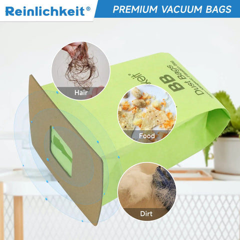 20 Pack Type BB Compact Canister Vacuum Bags With 2 Motor Filters Replacement For BB180 BB280 BB850 BB870 BB900 BB1000 MV160 Fits Compact Canister Vacuums Heavy Duty Tear Resistant Easy Install showing its ability to pick up hair, food, dirt.
