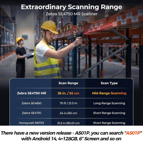 Warehouse worker using Android 13 Barcode Scanner PDA083 with Zebra 4750MR Mid Range Scanner for inventory management.