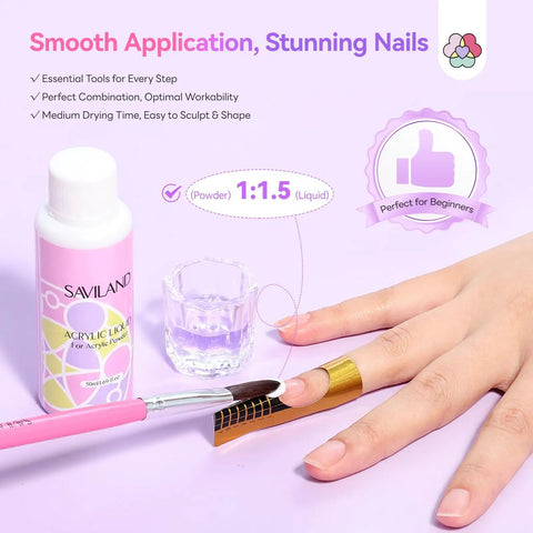 Using All In One Acrylic Nail Kit For Beginners 2026 Hema Free Bio Based System with acrylic liquid bottle and nail brush