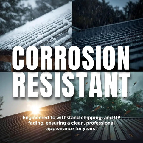 Collage showing roofing under different weather conditions with text 'Corrosion Resistant', highlighting durability and appearance.