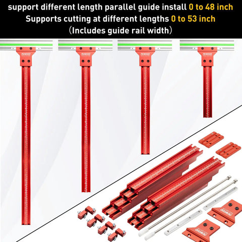 Track Saw Parallel Guide System for Woodworking with adjustable rails and flip stops, compatible with Festool, Makita, Milwaukee.