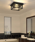 Bathroom with Farmhouse Dope 2 Light Ceiling Fixture in Black Flush Mount with Clear Glass Shade and Square Metal Cage.