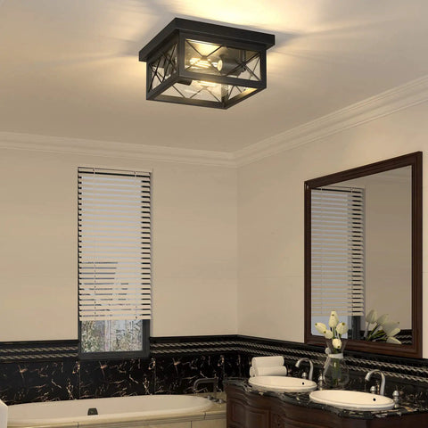 Bathroom with Farmhouse Dope 2 Light Ceiling Fixture in Black Flush Mount with Clear Glass Shade and Square Metal Cage.