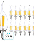 12 Pack Dimmable LED Candelabra Bulbs 100 Watt Equivalent 800 Lumens 3000K Soft White CA11 Flame Tip Clear Glass Damp Rated E12 Base UL Listed for Chandeliers