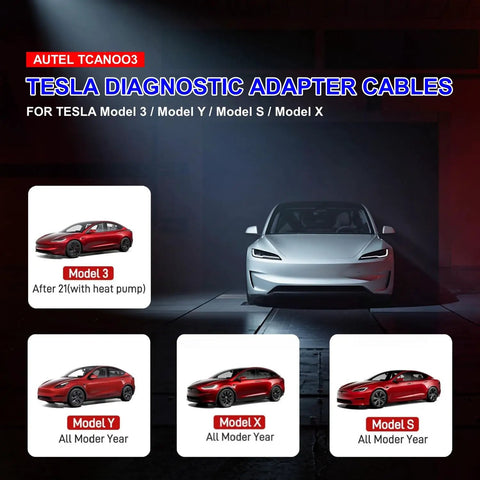 Tesla Diagnostic Cable Set for Model S Y 3 X Garage Must Have That Hits Different With Autel MaxiSYS Tablets showing all model compatibility.