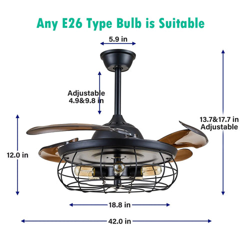 42-Inch Retractable Industrial Fandelier Ceiling Fan With Light In Black, 4 Blades, Cage Style, Measured Dimensions View