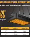 Chart showing strength of Adjustable Rope Hanger With Locking Ratchet Tie Down for Grow Lights, 1/8 inch holds up to 150 lbs per pair.