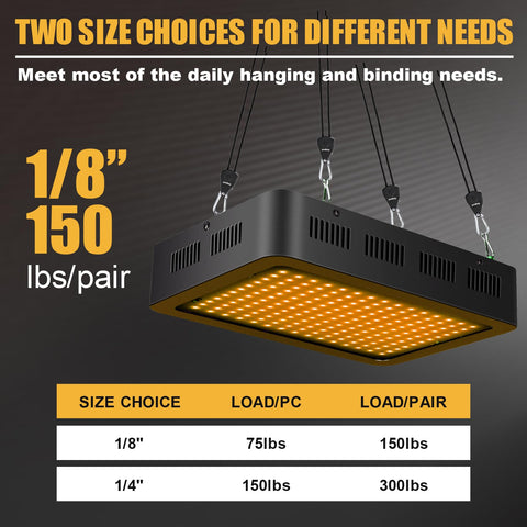 Chart showing strength of Adjustable Rope Hanger With Locking Ratchet Tie Down for Grow Lights, 1/8 inch holds up to 150 lbs per pair.