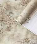 Peel And Stick Vintage French Damask Wallpaper Vinyl Self Adhesive For Walls Bedroom And Bathroom Decor Deep Yellow Mist Blue Brown 17.7 Inch By 9.8 Foot Easy Renter Friendly Install detail view