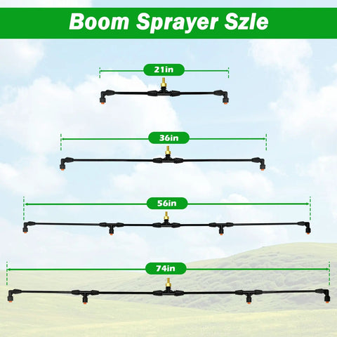 Four Nozzle Sprayer Boom Kit With Three Eighths Inch Brass Fitting size options; 21in, 36in, 56in, 74in, shown against cloudy sky