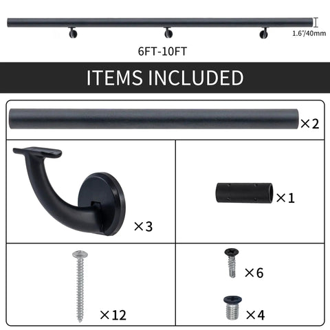 7FT Modern Aluminum Wall Mount Handrail Matte Black Rust Proof Zinc Brackets Heavy Duty Indoor Outdoor Staircase Railing Deck Slope Support Killer Grip No Sweat Install Top Shelf Upgrade assembly parts layout.