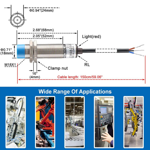 Capacitive Proximity Sensor Switch 3-Wire NPN NO DC 10-30V 200mA 1-10mm Cylindrical 18mm Head Industrial Grade