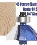 Close-up of a Four Pack 45 Degree Chamfer Router Bit Set With One Quarter Inch Shank Carbide Edges For Beveling And Wood Profiling.