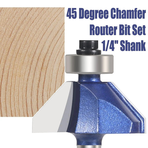 Close-up of a Four Pack 45 Degree Chamfer Router Bit Set With One Quarter Inch Shank Carbide Edges For Beveling And Wood Profiling.