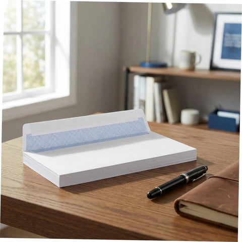 White Pro-Grade Self-Sealing Security Mailing Envelopes 115mm X 225mm displayed on a wooden desk with a pen and leather notebook